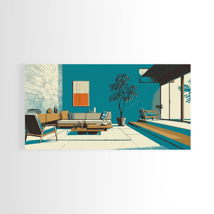 Teal Mid Century Living Room Wall Art, Midcentury Modern Decor, MCM Artwork, Retro Interior Print, Large Canvas Poster Home Decor