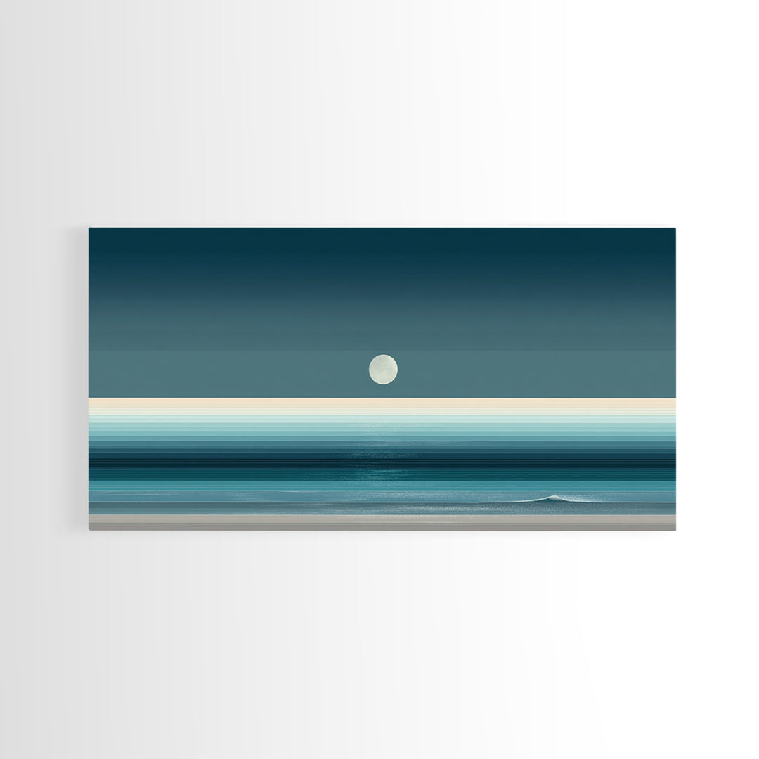 Minimal Moon Over Teal Ocean Canvas Print, Coastal Night Seascape, Modern Wall Art, Blue Horizontal Landscape Decor, Bedroom Art Prints