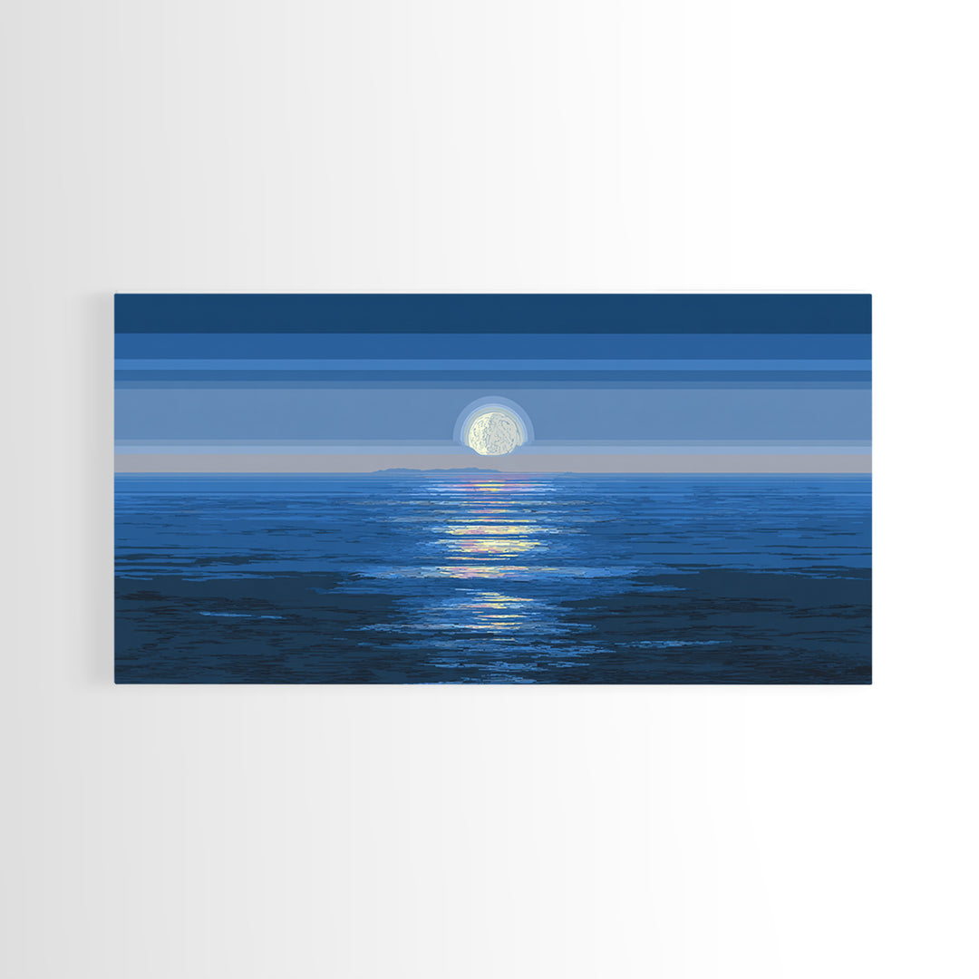 Blue Full Moon Ocean Framed Canvas Print, Coastal Seascape Wall Art, Modern Home Decor, Peaceful Bedroom Art Prints, Large Wall Decor