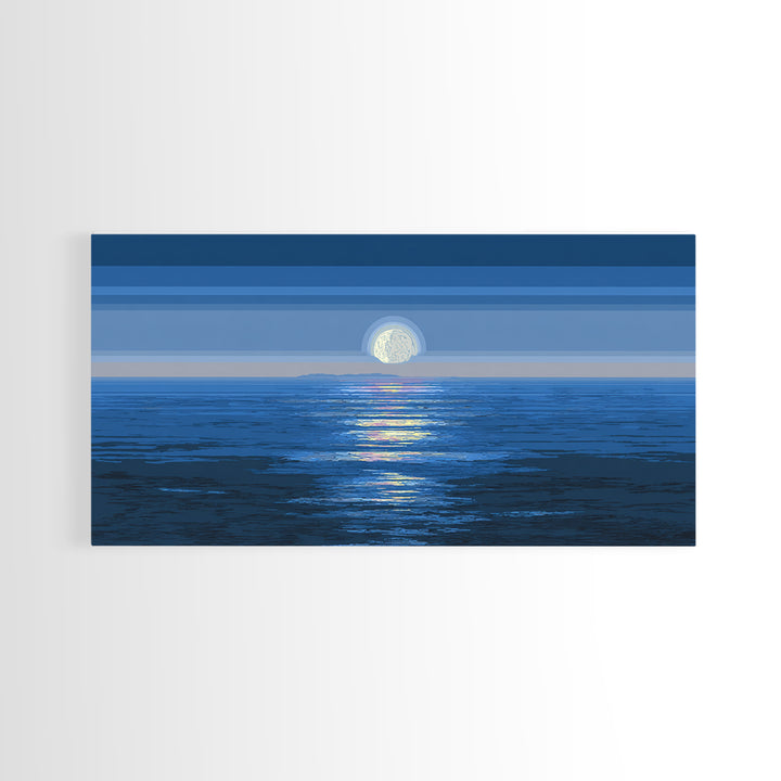 Blue Full Moon Ocean Framed Canvas Print, Coastal Seascape Wall Art, Modern Home Decor, Peaceful Bedroom Art Prints, Large Wall Decor
