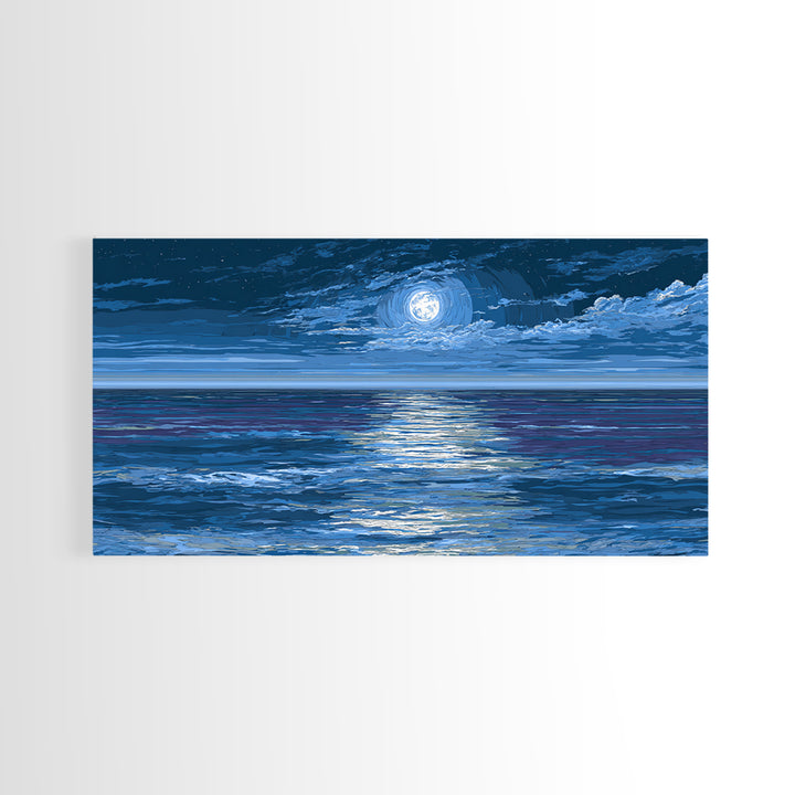 Starry Moonlit Ocean Framed Canvas Print, Dramatic Blue Seascape Wall Art, Coastal Night Decor, Modern Bedroom Art Prints