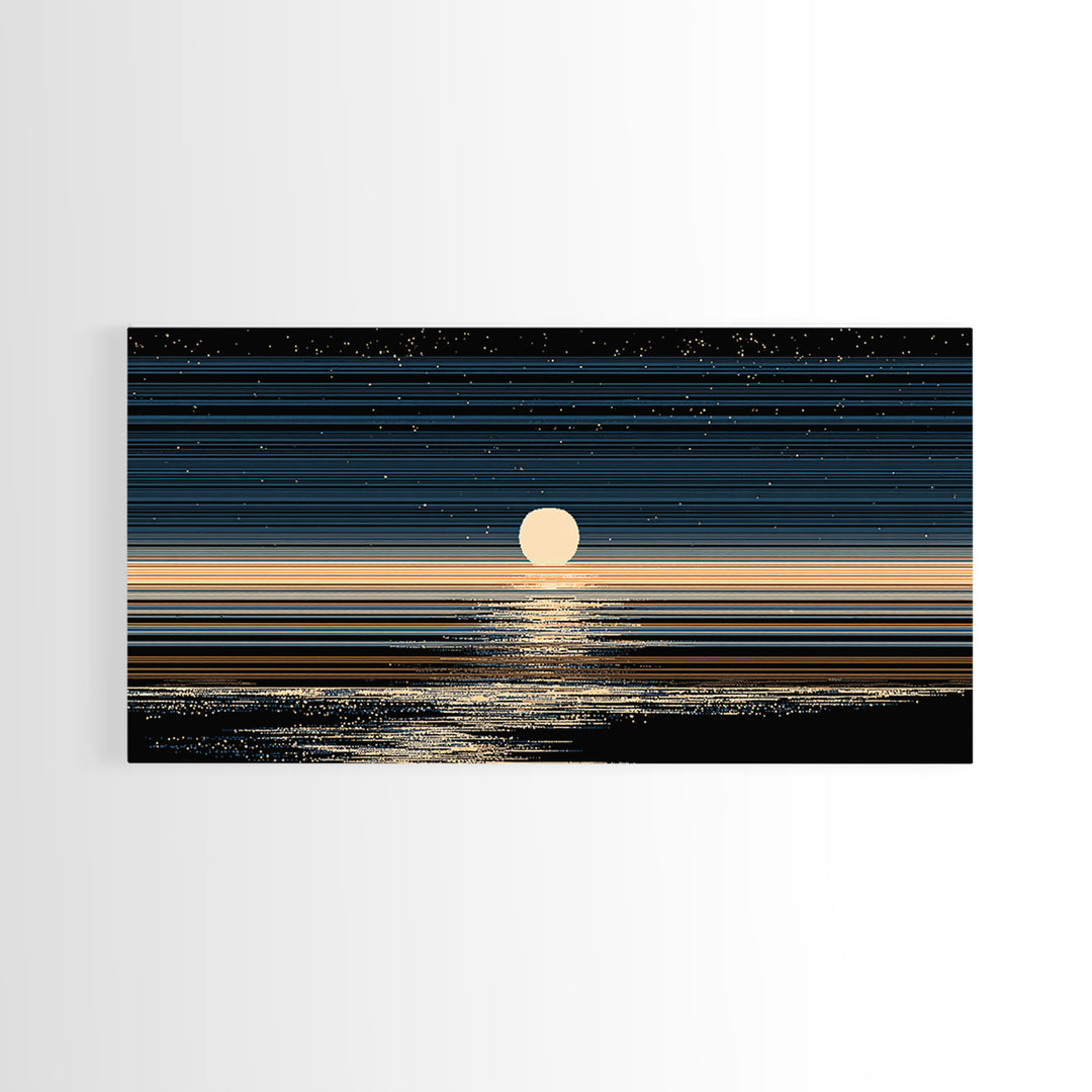 Golden Moon Horizon Ocean Canvas Print, Starry Night Seascape Wall Art, Modern Coastal Decor, Blue Black Bedroom Art Prints