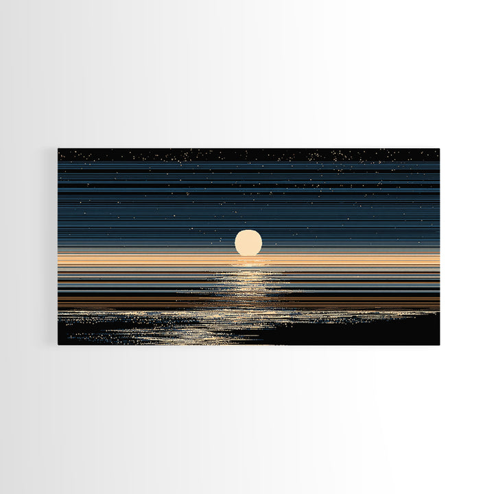Golden Moon Horizon Ocean Canvas Print, Starry Night Seascape Wall Art, Modern Coastal Decor, Blue Black Bedroom Art Prints