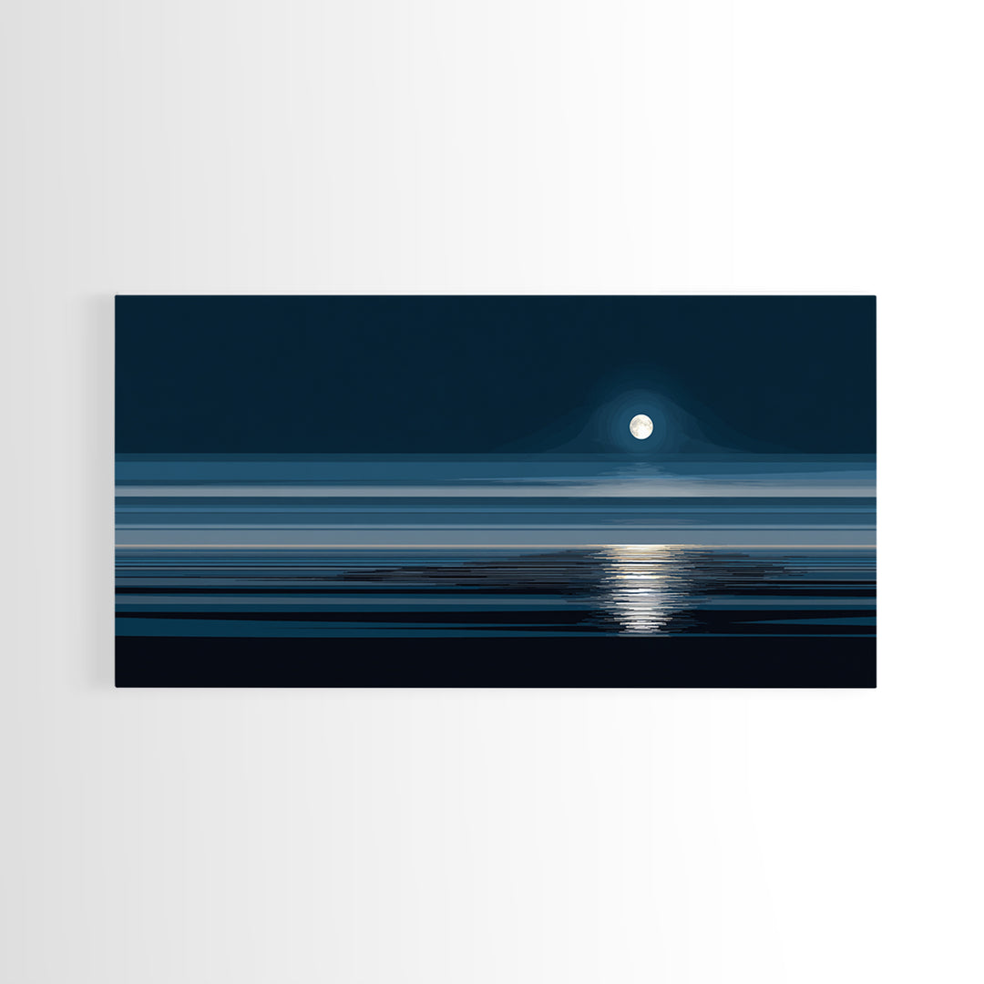 Quiet Moon Over Dark Ocean Canvas Print, Minimal Blue Seascape Wall Art, Modern Coastal Decor, Peaceful Bedroom Art Prints