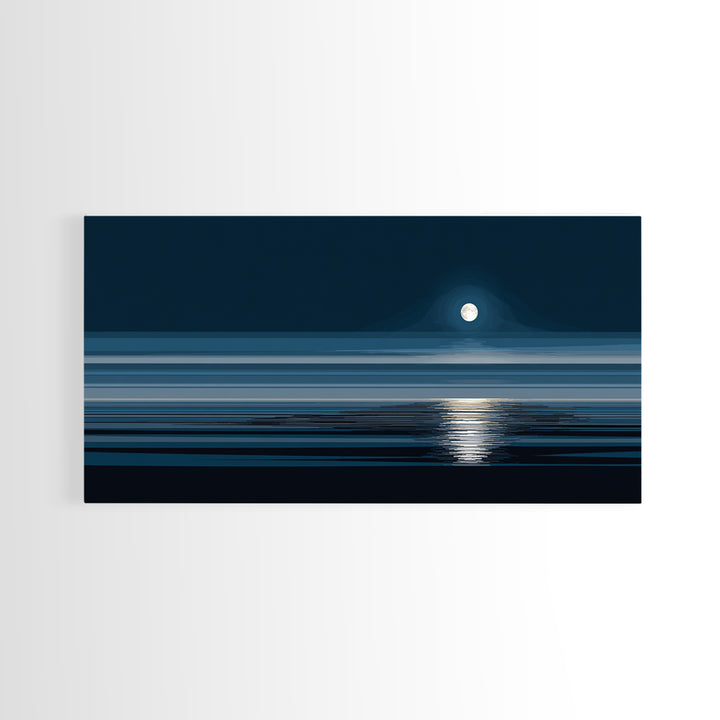 Quiet Moon Over Dark Ocean Canvas Print, Minimal Blue Seascape Wall Art, Modern Coastal Decor, Peaceful Bedroom Art Prints
