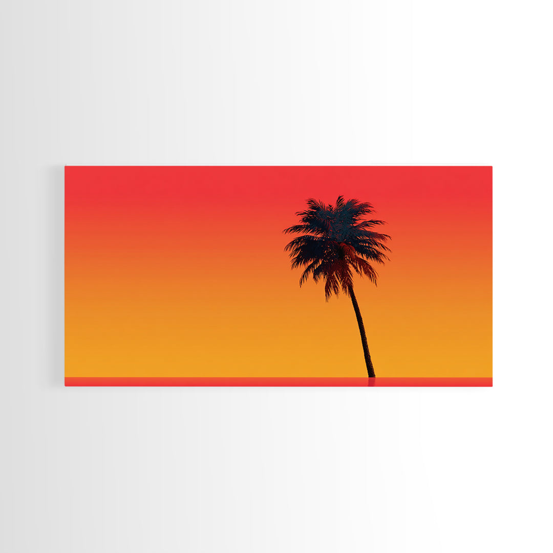 Black Palm Silhouette Sunset Wall Art, Orange Red Tropical Landscape, Retro California Poster, Modern Home Decor Canvas Print