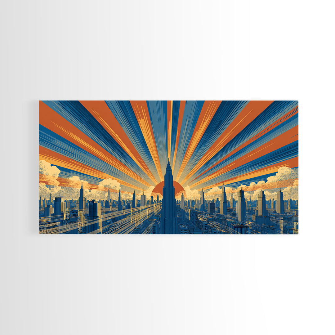 Art Deco Futuristic Skyline Framed Canvas Print, Retro Sci Fi Cityscape, Mid Century Modern Wall Decor, Blue Orange Poster