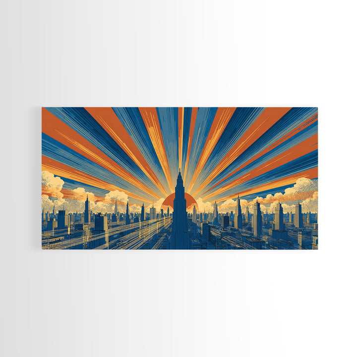 Art Deco Futuristic Skyline Framed Canvas Print, Retro Sci Fi Cityscape, Mid Century Modern Wall Decor, Blue Orange Poster