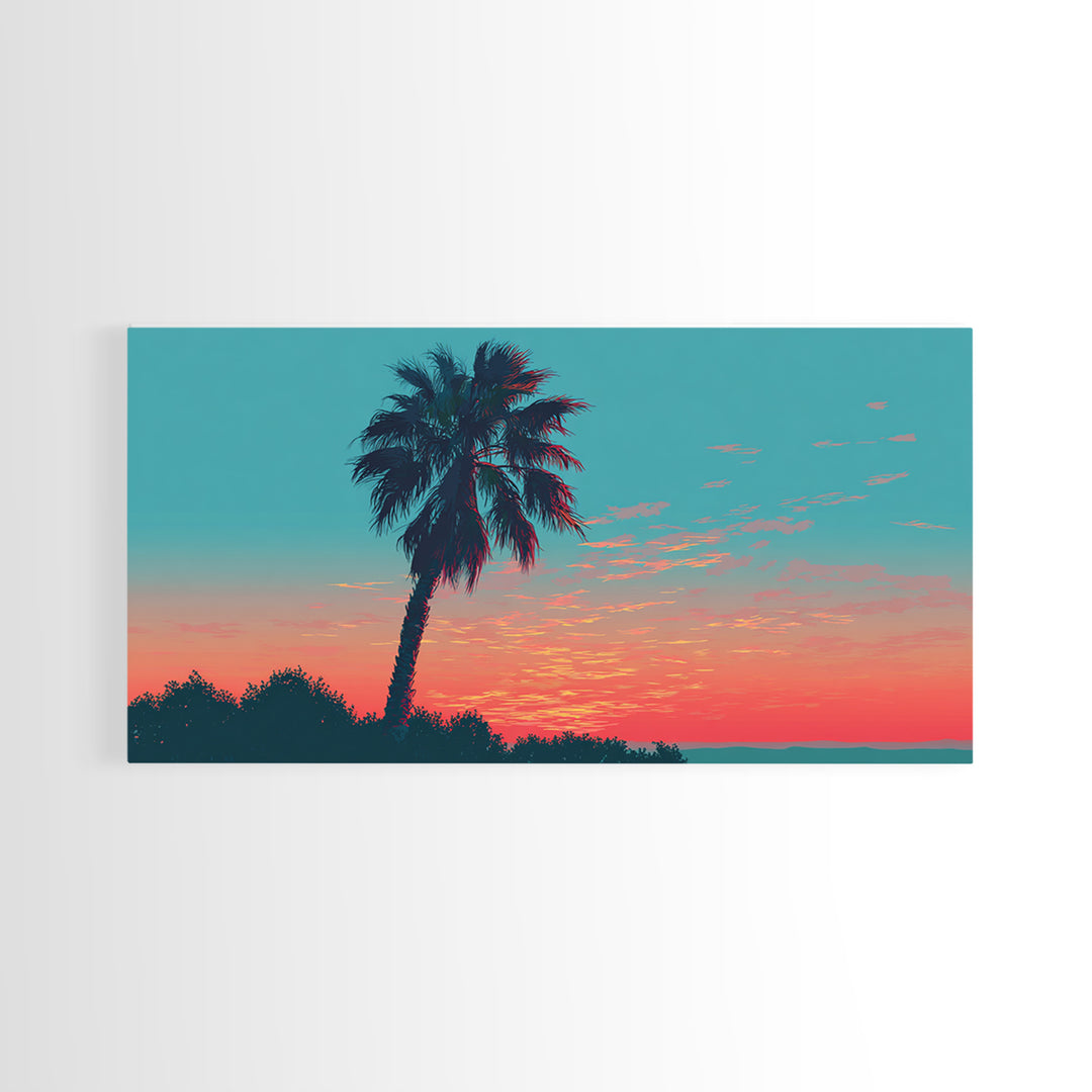 Leaning Palm Coral Sunset Canvas Print, Retro Tropical Landscape, Midcentury Wall Art, Palm Springs Decor, Coastal Poster Print