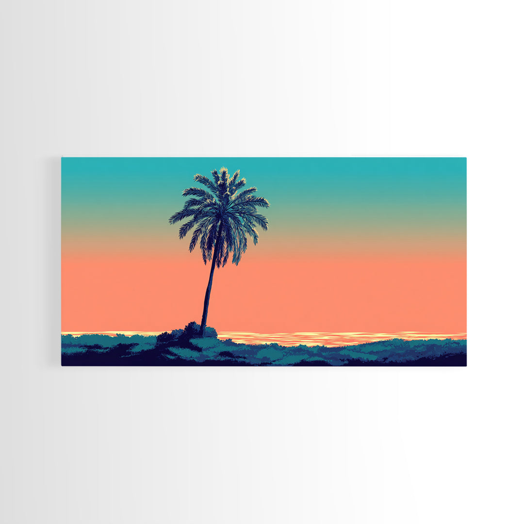 Solitary Palm Ocean Sunset Framed Canvas Print, Retro Tropical Wall Art, Midcentury Modern Decor, Coastal Home Poster Print