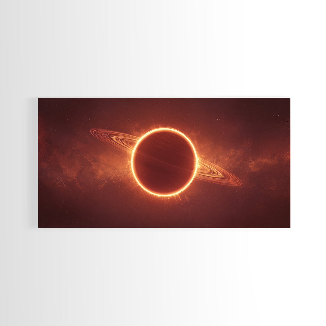 Ringed Planet Eclipse Framed Canvas Print, Cosmic Nebula Wall Art, Retro Sci Fi Poster, Orange Space Decor, Modern Art Print