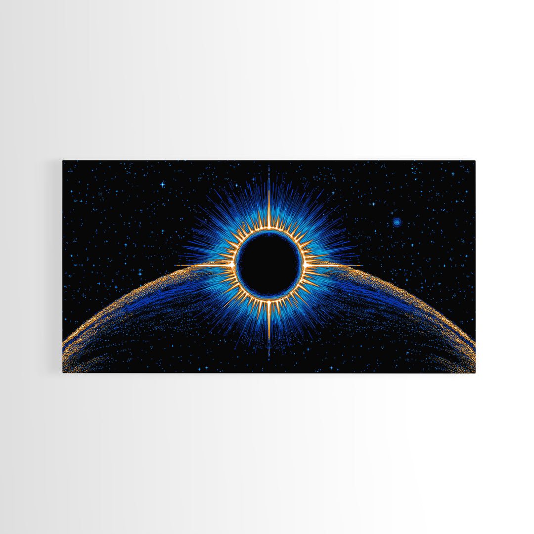 Blue Solar Eclipse Wall Art, Cosmic Retro Sci Fi Print, Black Hole Starfield Poster, Modern Digital Art, Space Decor Print