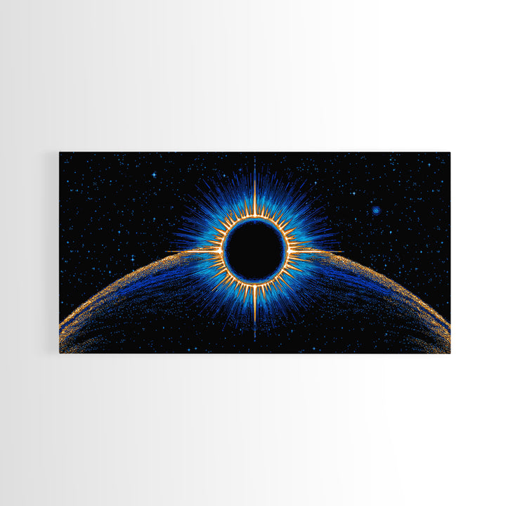 Blue Solar Eclipse Wall Art, Cosmic Retro Sci Fi Print, Black Hole Starfield Poster, Modern Digital Art, Space Decor Print