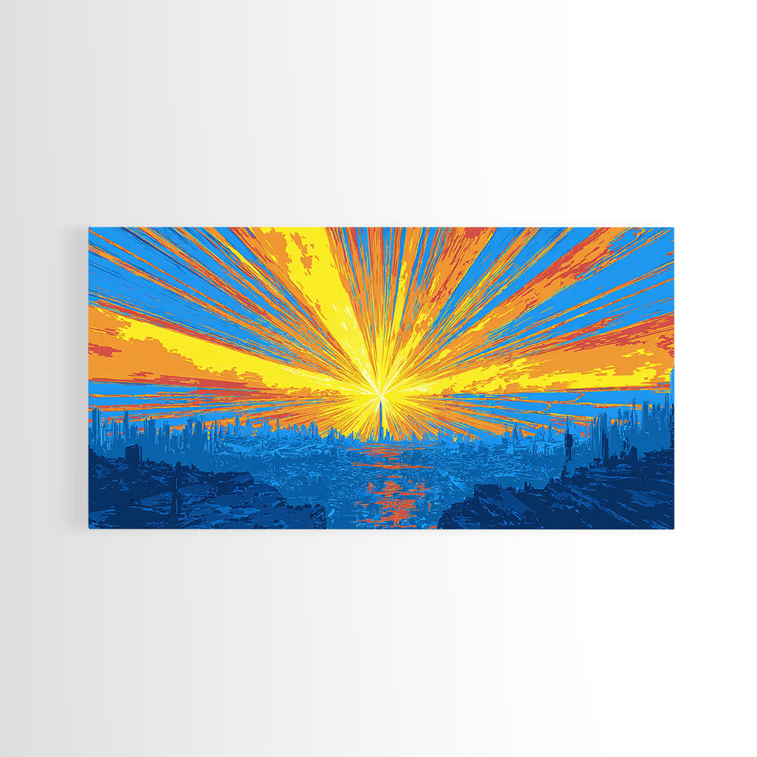 Explosive Solar Skyline Wall Art, Bright Retro Sci Fi Sunburst, Blue Orange Modern Art Print, Mid Century City Poster Decor