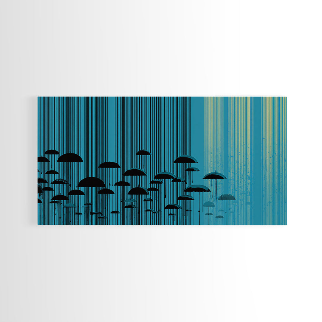 Teal Rain Umbrellas In Vertical Lines Wall Art, Midcentury Modern Abstract Print, Retro Wall Decor, Modern Home Decor For Living Room