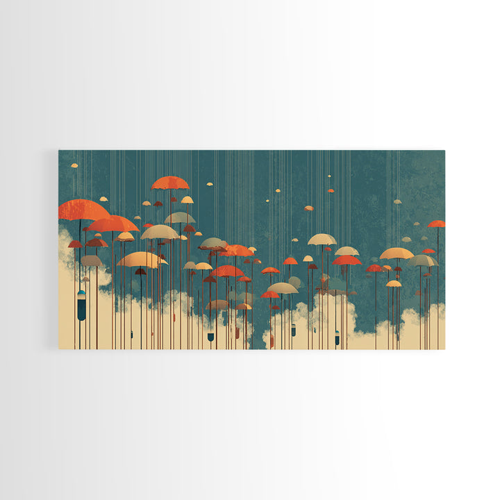Orange Umbrellas Over Cream Clouds Wall Art, Midcentury Modern Abstract Print, Teal Retro Decor, Modern Home Decor For Living Room