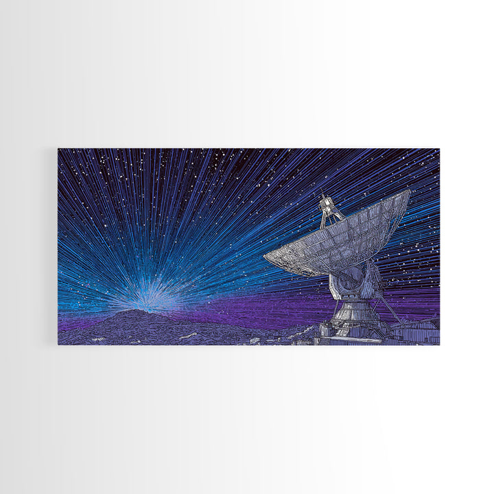 Blue Radio Telescope Starburst Canvas Print, Midcentury Modern Sci Fi Wall Art, Space Abstract Poster, Retro Home Decor Gift