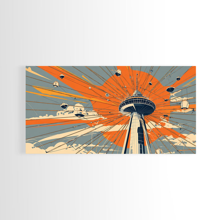 Retro Space Needle With Flying Saucers Canvas Print, Midcentury Modern Wall Art, Orange Sun Poster, Sci Fi Seattle Decor