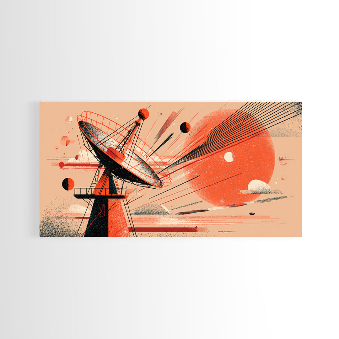 Red Satellite Dish And Orange Sun Wall Art, Midcentury Modern Space Abstract Print, Retro Sci Fi Poster, Modern Wall Decor