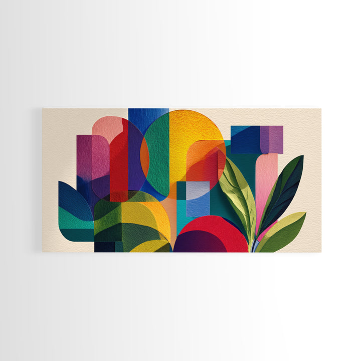 Colorful Geometric Leaves Wall Art, Bold Botanical Mid Century Modern Decor, Abstract Bauhaus Shapes, Vibrant Canvas Print