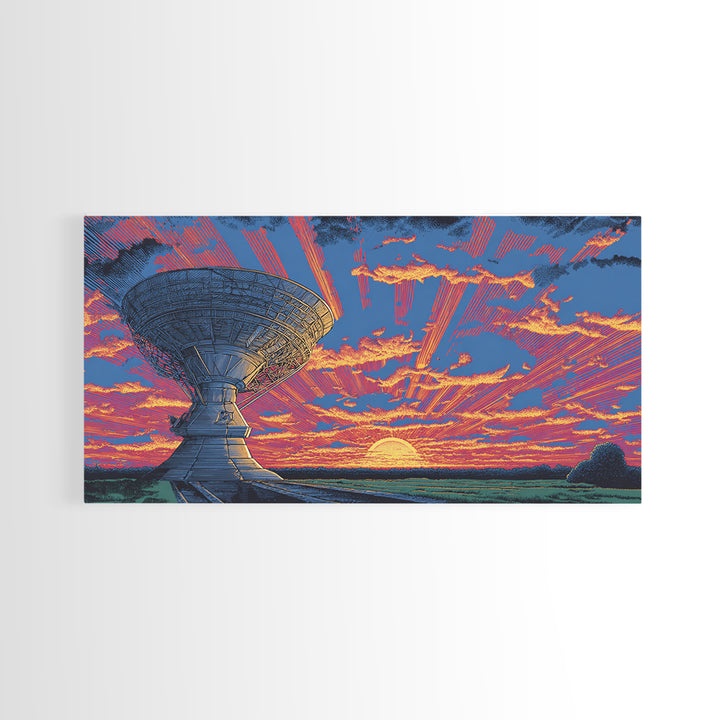 Radio Telescope At Neon Sunset Wall Art, Midcentury Modern Space Abstract Print, Retro Sci Fi Poster, Vibrant Office Decor