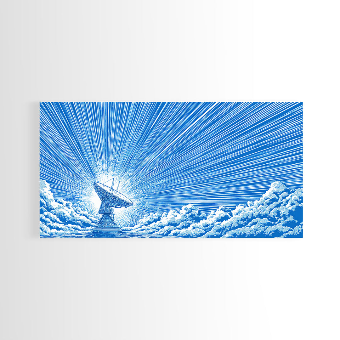 Blue Radio Telescope Skyburst Wall Art, Retro Sci Fi Poster, Atomic Midcentury Modern Art Print For Office And Home Wall Decor