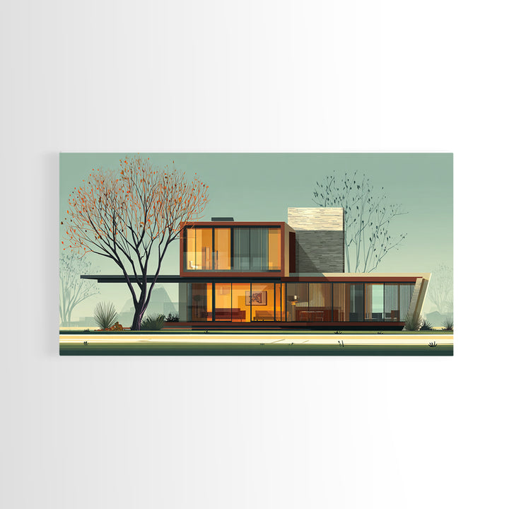 Glass Midcentury House With Autumn Tree Framed Canvas Print, MCM Wall Art, Modern Architecture Poster, Living Room Decor