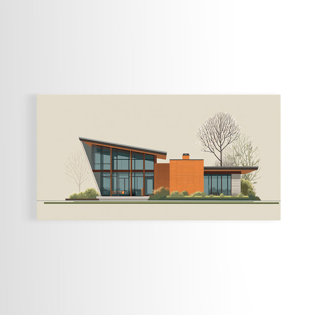 Angular Glass Midcentury Home Canvas Print, Modern Architecture Wall Art, MCM Decor, Retro House Poster For Living Room Decor