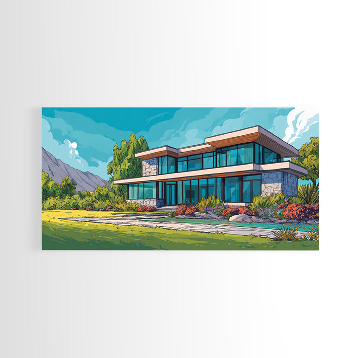 Mountain Modern Glass House Wall Art, Midcentury Modern Architecture Poster, Colorful Landscape Canvas Print, Living Room Decor