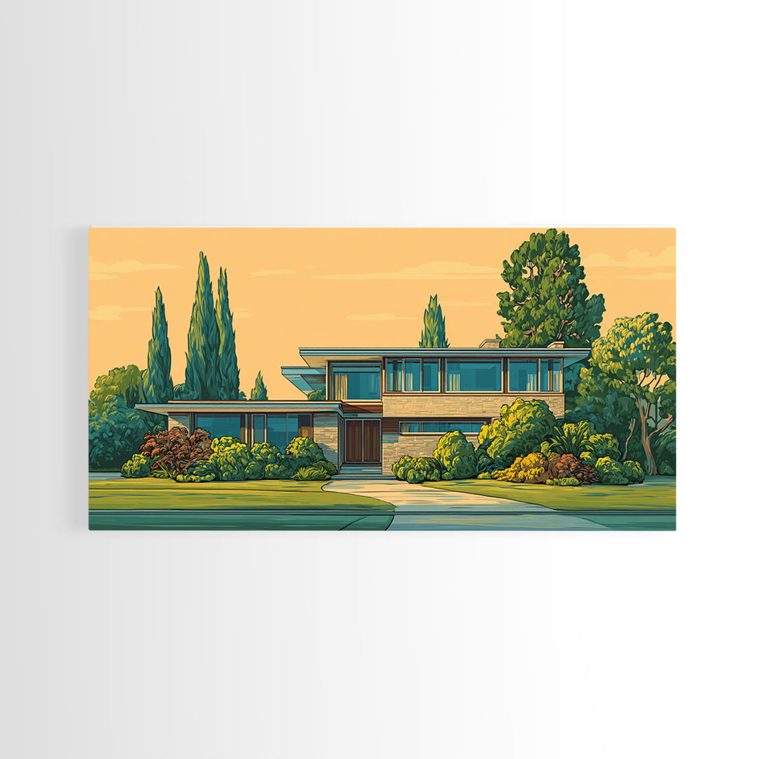 Cypress Garden Midcentury Home Framed Canvas Print, Modern Architecture Wall Art, Retro Palm Springs Decor, Living Room Art
