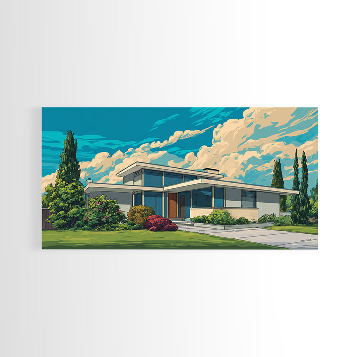 White Midcentury House With Dramatic Clouds Framed Canvas Print, Modern Wall Art, Retro Architecture Poster, Home Office Decor