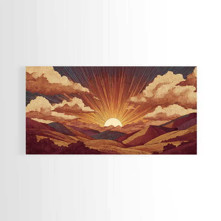 Textured Mountain Sunrise Valley Wall Art, Retro Landscape Poster, Midcentury Modern Art Print, Earth Tone Home Decor Gift