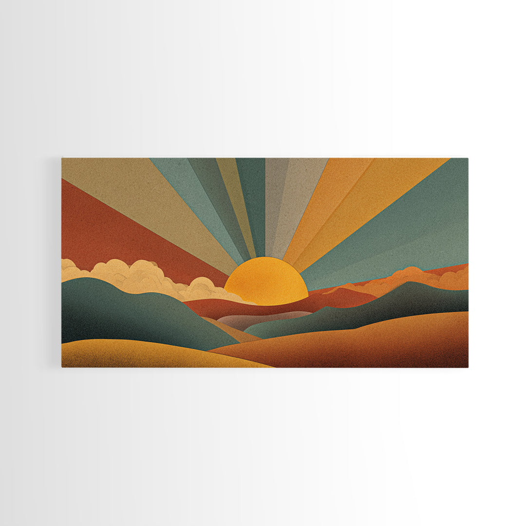 Geometric Retro Sunrise Over Rolling Hills Canvas Print, Midcentury Modern Wall Art, Boho Landscape Poster, Earth Tone Decor