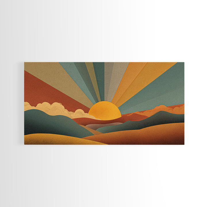 Geometric Retro Sunrise Over Rolling Hills Canvas Print, Midcentury Modern Wall Art, Boho Landscape Poster, Earth Tone Decor