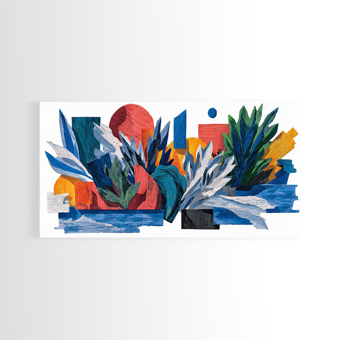 Textured Tropical Leaf Collage Framed Canvas Print, Blue Red Botanical Wall Art, Mid Century Modern Abstract Decor For Living Room