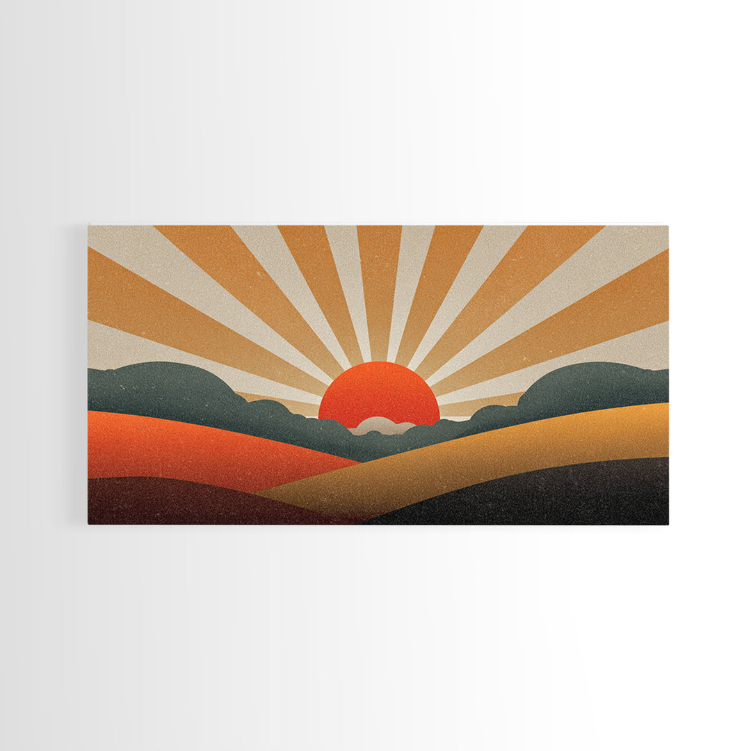 Orange Sunburst Desert Hills Wall Art, Mid Century Modern Canvas, Retro Landscape Poster, MCM Decor, Living Room Print, Home Decor