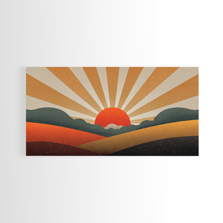 Orange Sunburst Desert Hills Wall Art, Mid Century Modern Canvas, Retro Landscape Poster, MCM Decor, Living Room Print, Home Decor