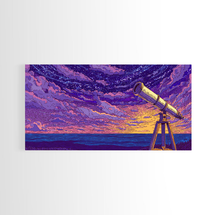 Purple Starry Telescope Ocean Wall Art, Retro Sci Fi Poster, Cosmic Mid Century Modern Decor, Space Astronomy Canvas Print