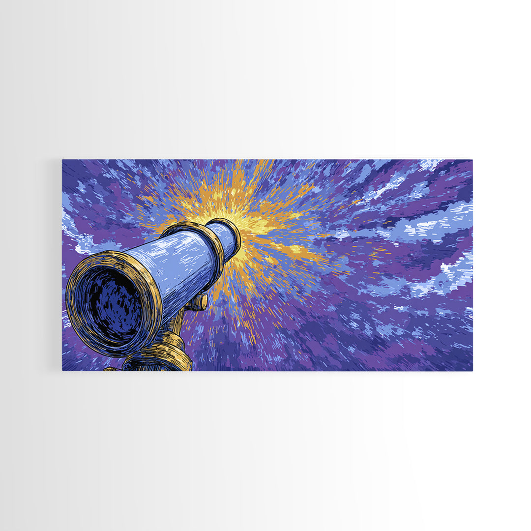 Blue Telescope Starburst Framed Canvas Print, Retro Sci Fi Wall Art, Space Astronomy Poster, Mid Century Modern Office Decor