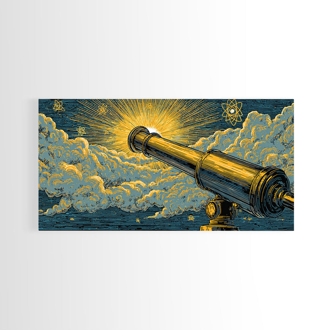 Golden Telescope Atomic Clouds Wall Art, Mid Century Modern Space Decor, Retro Astronomy Poster, MCM Canvas Print For Office