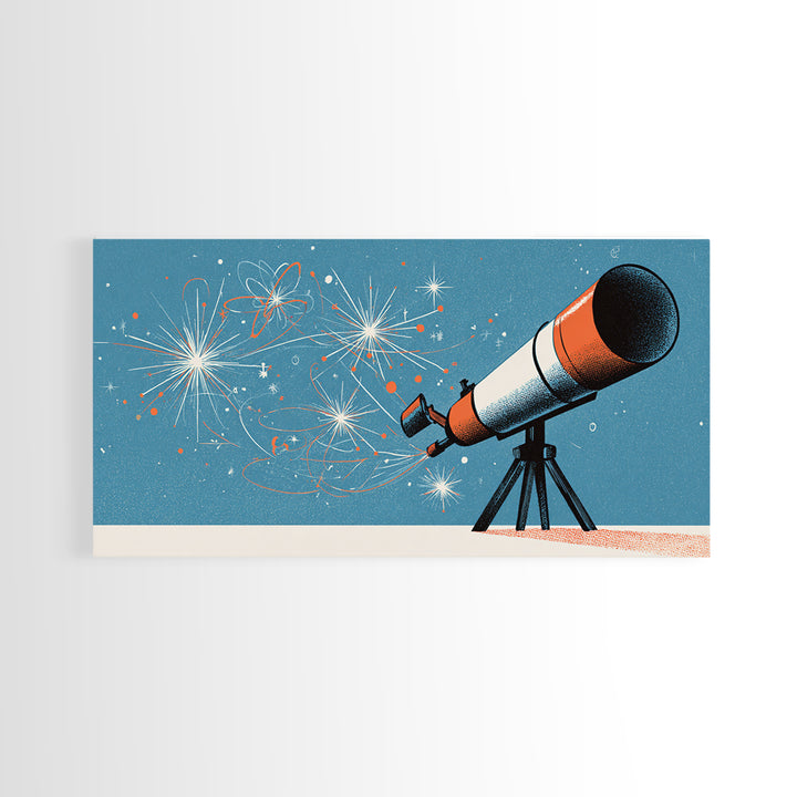 Atomic Telescope Blue Sky Canvas Print, Retro Space Wall Art, Mid Century Modern Astronomy Poster, MCM Nursery Office Decor
