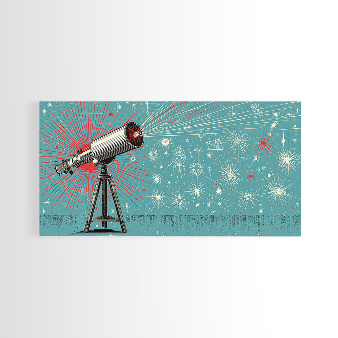 Teal Atomic Telescope Starburst Wall Art, Mid Century Modern Space Poster, Retro Sci Fi Canvas Print, Office Decor Gift Idea