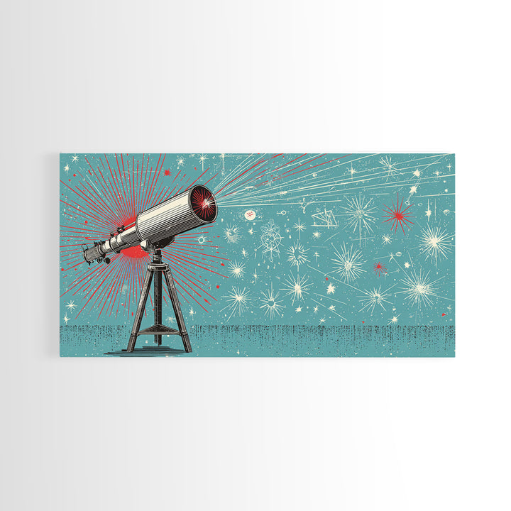 Teal Atomic Telescope Starburst Wall Art, Mid Century Modern Space Poster, Retro Sci Fi Canvas Print, Office Decor Gift Idea