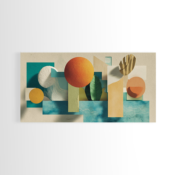 Neutral Teal Orange Geometric Still Life Wall Art, Mid Century Modern Canvas Print, Botanical Shapes, Coastal Home Decor