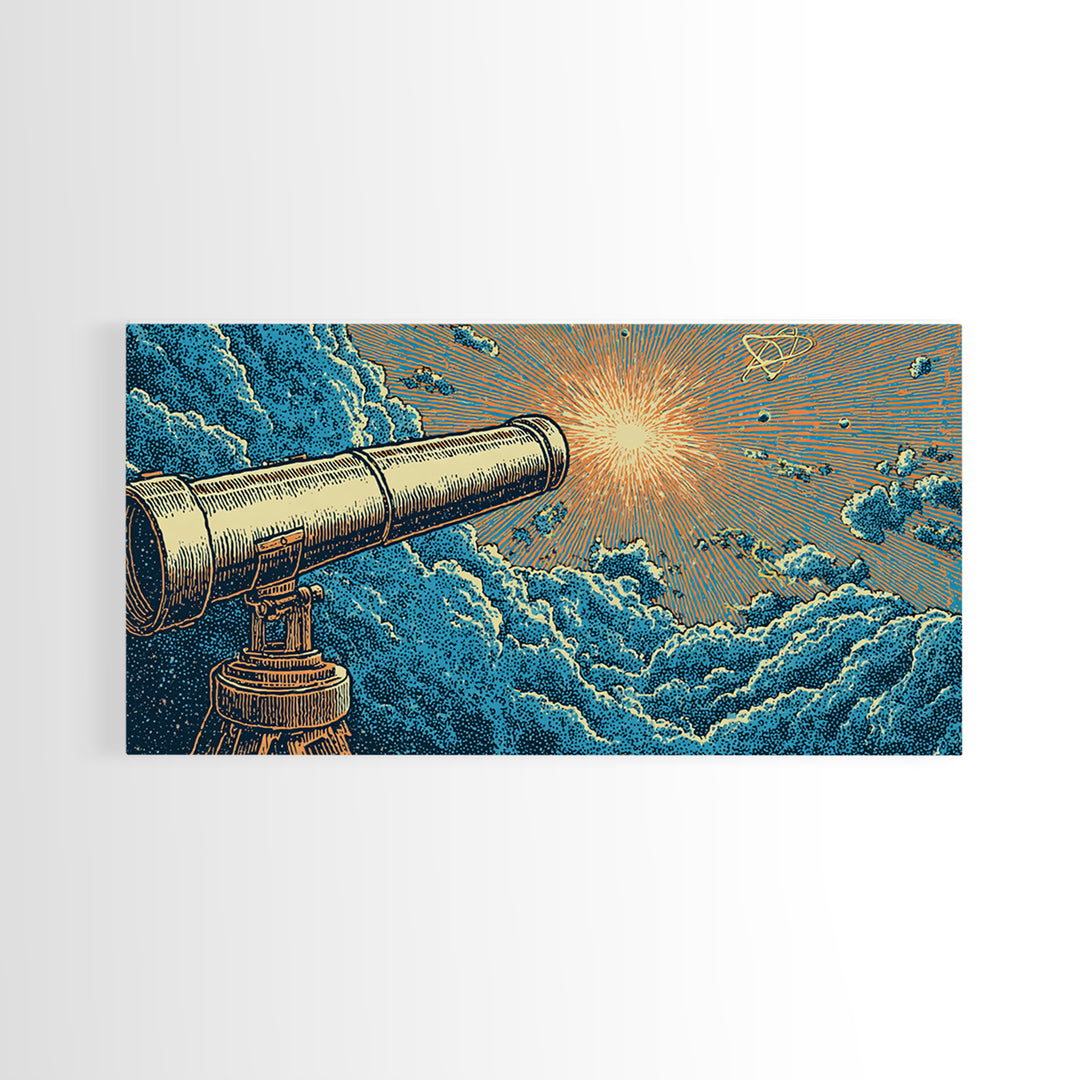 Blue Cloud Telescope Sunburst Framed Canvas Print, Retro Astronomy Wall Art, Mid Century Modern Space Poster, Office Decor
