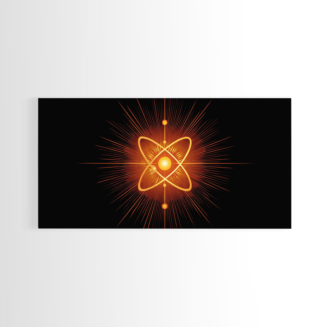 Glowing Orange Atom Wall Art, Black Space Abstract Poster, Mid Century Modern Science Decor, Atomic MCM Canvas Print Gift