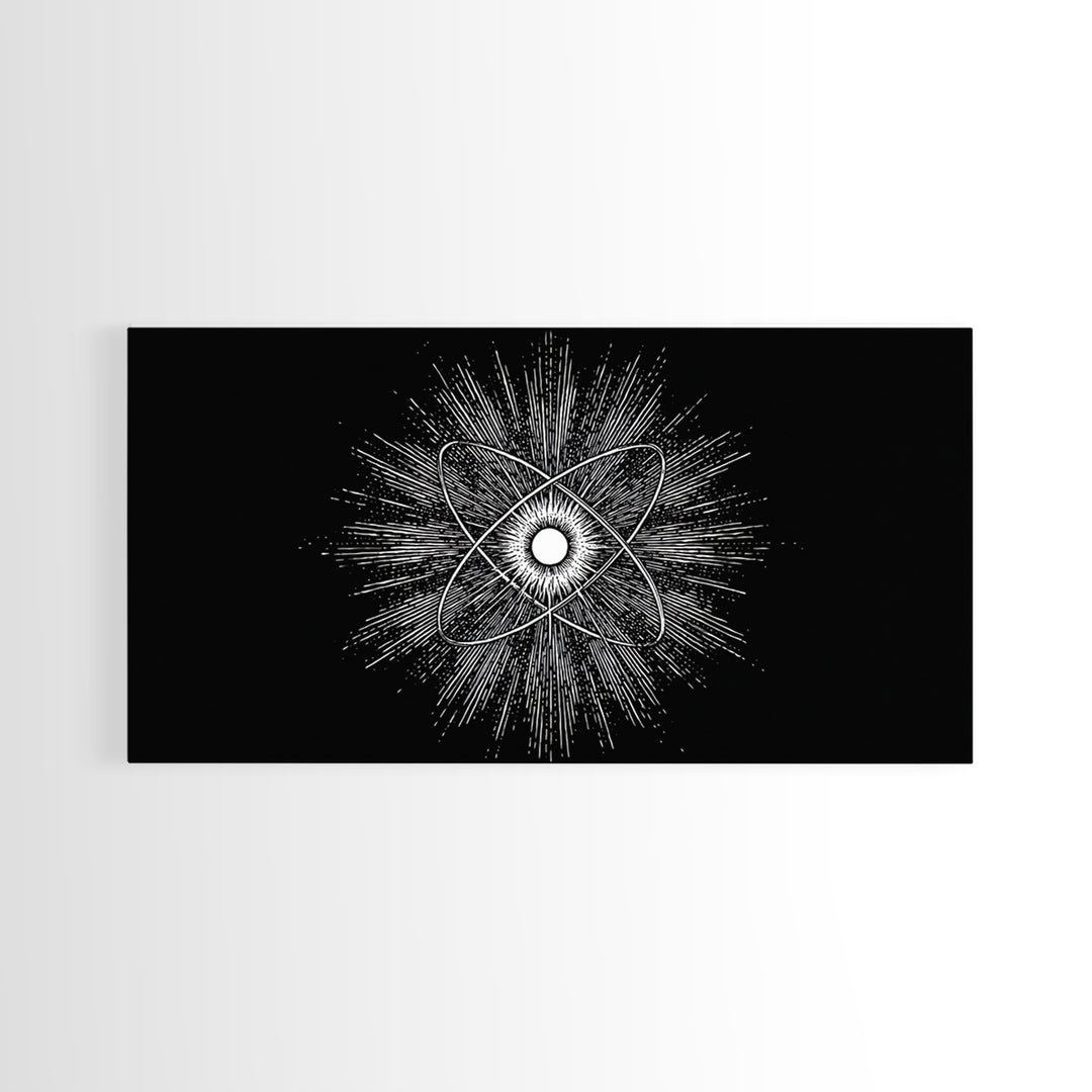 Black And White Atomic Burst Wall Art, Modern Abstract Science Poster, Mid Century Modern Decor, Monochrome Canvas Print