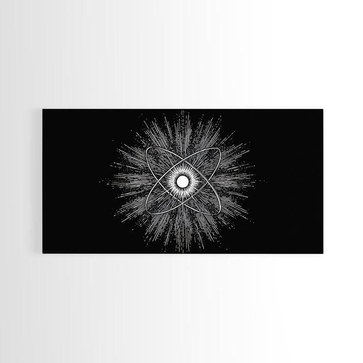 Black And White Atomic Burst Wall Art, Modern Abstract Science Poster, Mid Century Modern Decor, Monochrome Canvas Print