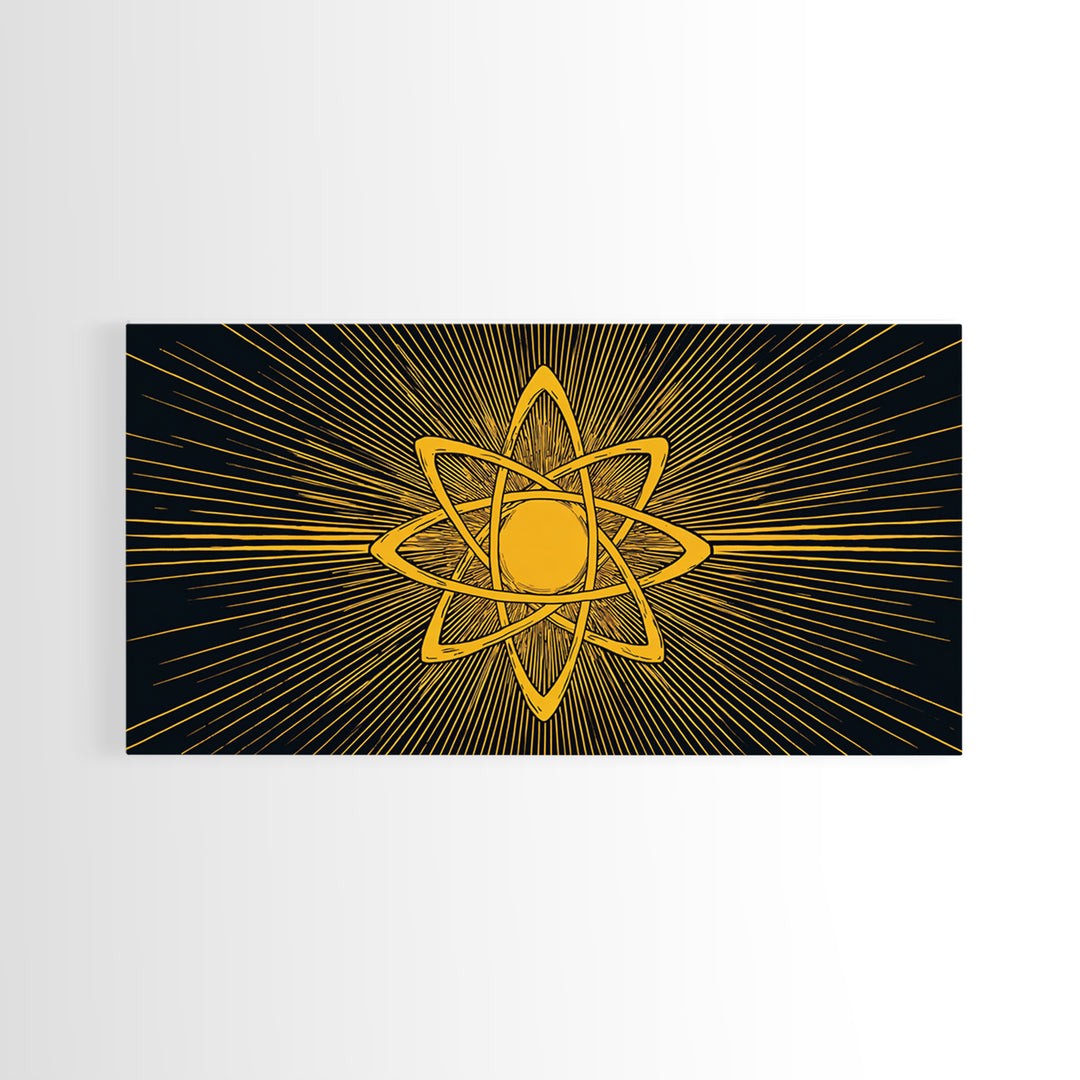 Gold Atomic Rays Canvas Print, Black Mid Century Modern Science Poster, Retro Space Wall Art, Bold Geometric MCM Decor Gift