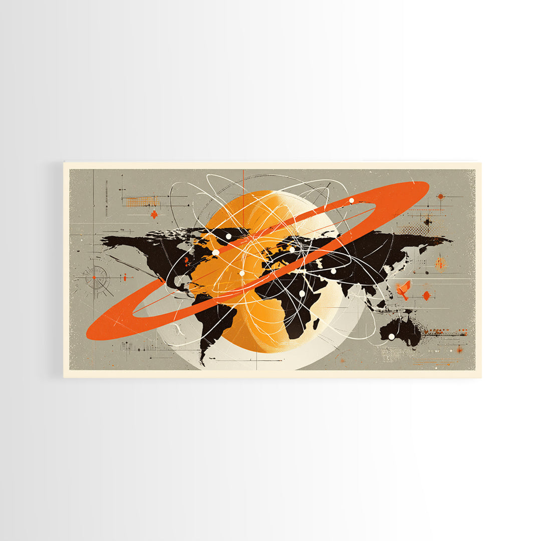 Retro Atomic World Map Wall Art, Mid Century Modern Travel Poster, Orange Black Science Decor, Geometric Canvas Print Gift